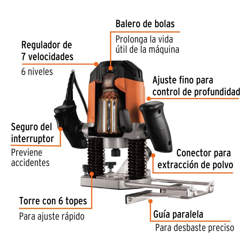 TRUPER - Ruteadora Profesional 1.200 W, 7 Velocidades Con Accesorios Truper