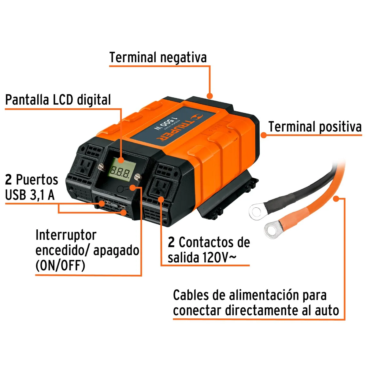 TRUPER - Inversor De Corriente 1500 W Para Carro Con Usb Y 2 Enchufes Truper