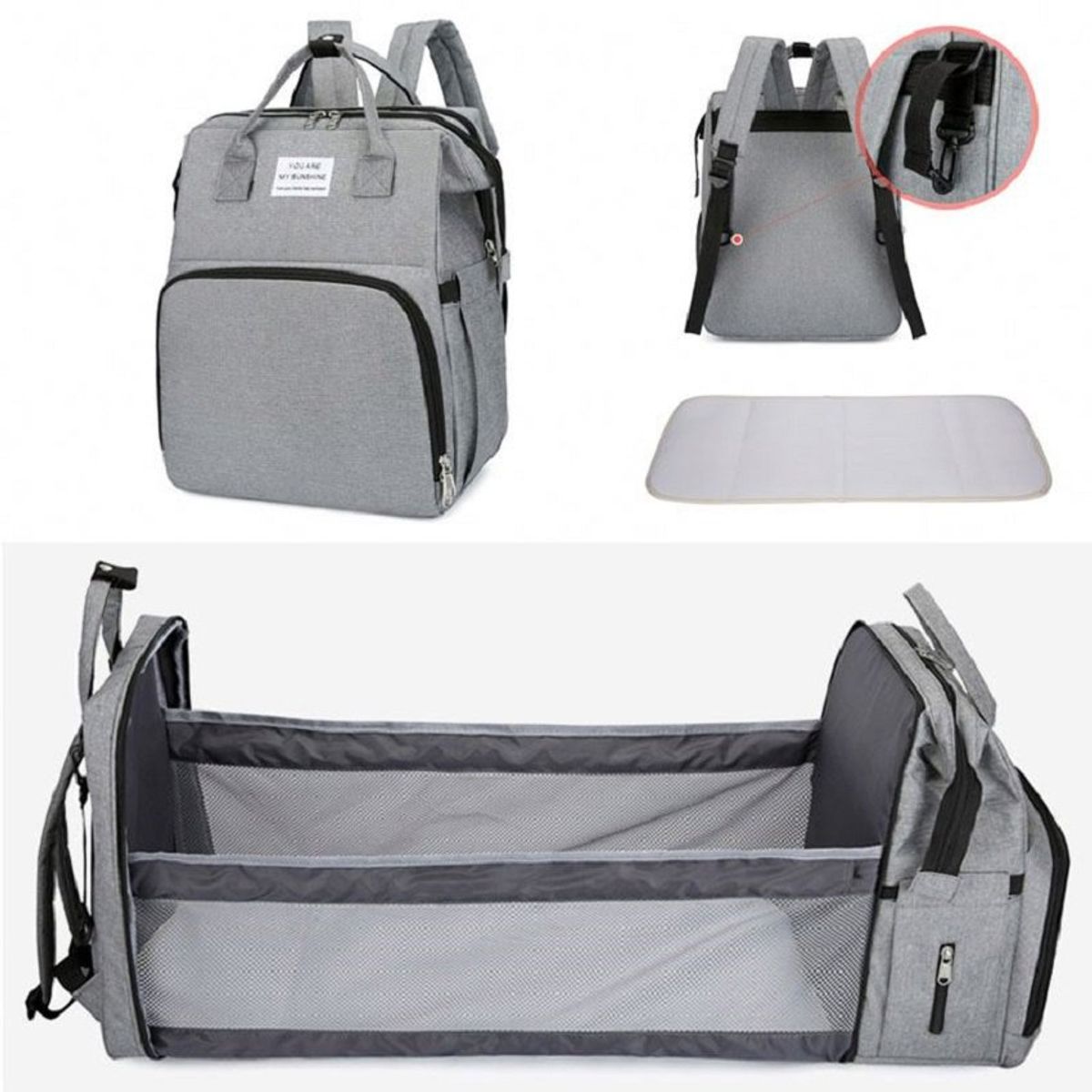 KIDSHOP - Pañalera Multifuncional Bebe Mochila expandible GRIS BY-1.