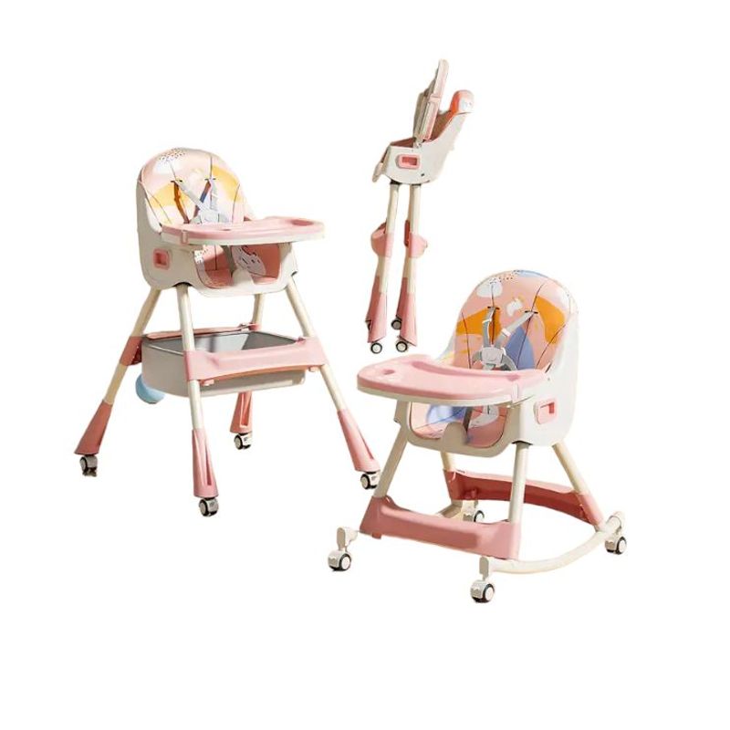KIDSHOP - Silla Comer Bandeja Bebe 2 En 1 Plegable Mecedora Rueda Rosa