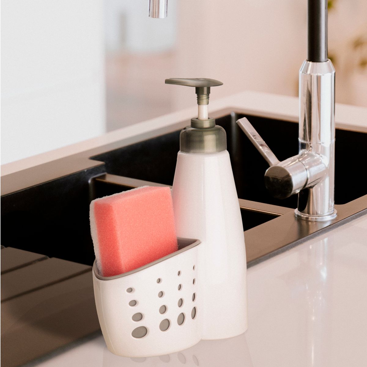 ESSENZA - Dispensador de Jabon Liquido con Soporte Esponja Blanco Gris ESSENZA