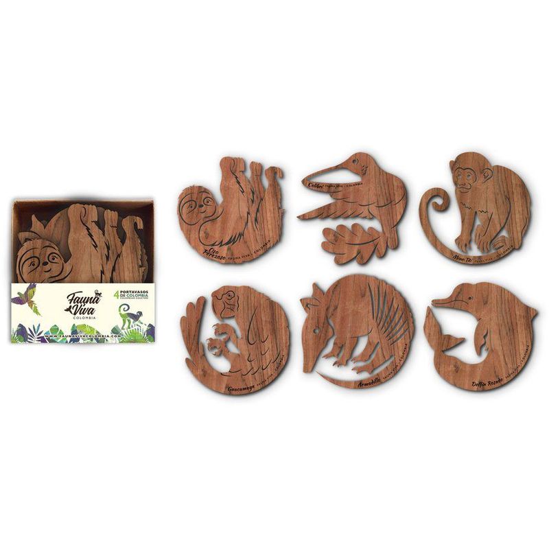 GENERICO - Portavasos x 6 (mix 1) con soporte fauna viva 9.5cm - madera