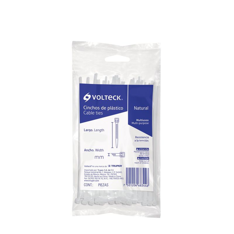 VOLTECK - 100 Amarres Plásticos De 20 Cm, Tensión 18 Lb, Color Blanco Volteck