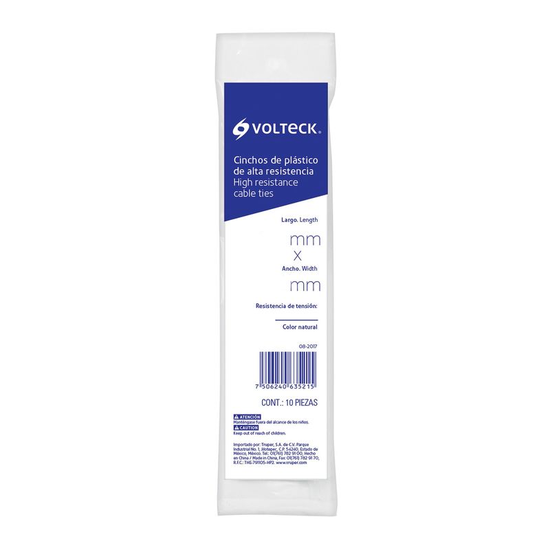 VOLTECK - 50 Amarres Plásticos De 20 Cm, Tensión 50 Lb, Color Blanco Volteck