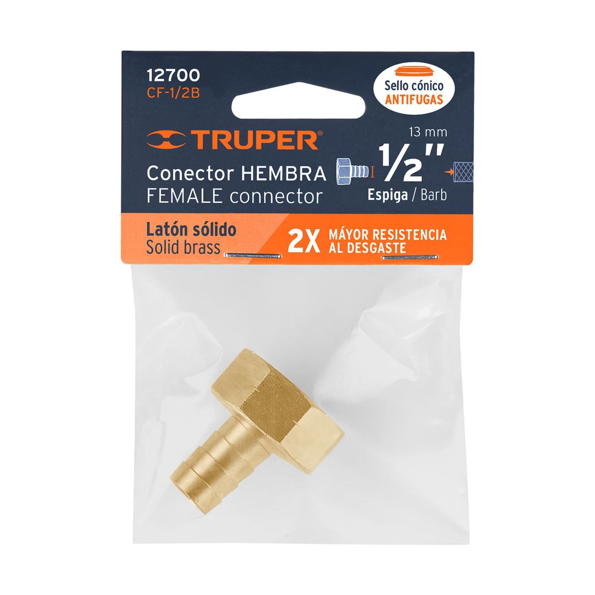 TRUPER - Acople Roscado De Latón Sólido De 3/4" Hembra, Espiga 1/2" Truper