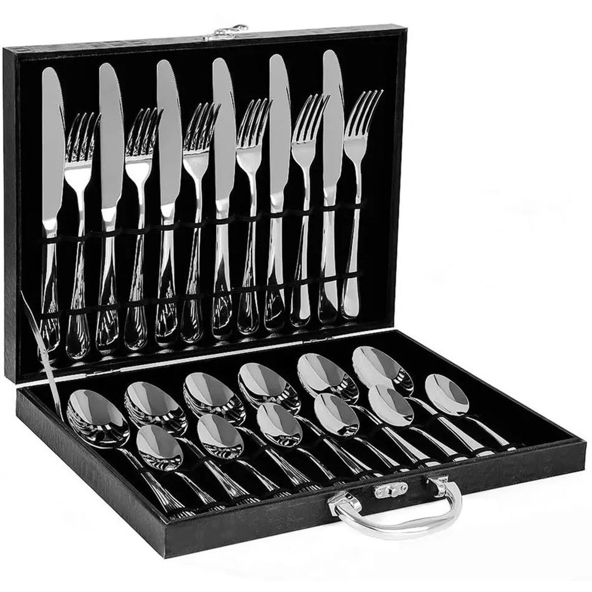 KIDSHOP - Juego Cubiertos 24 Piezas Acero Inoxidable Caja Negra PRC-1