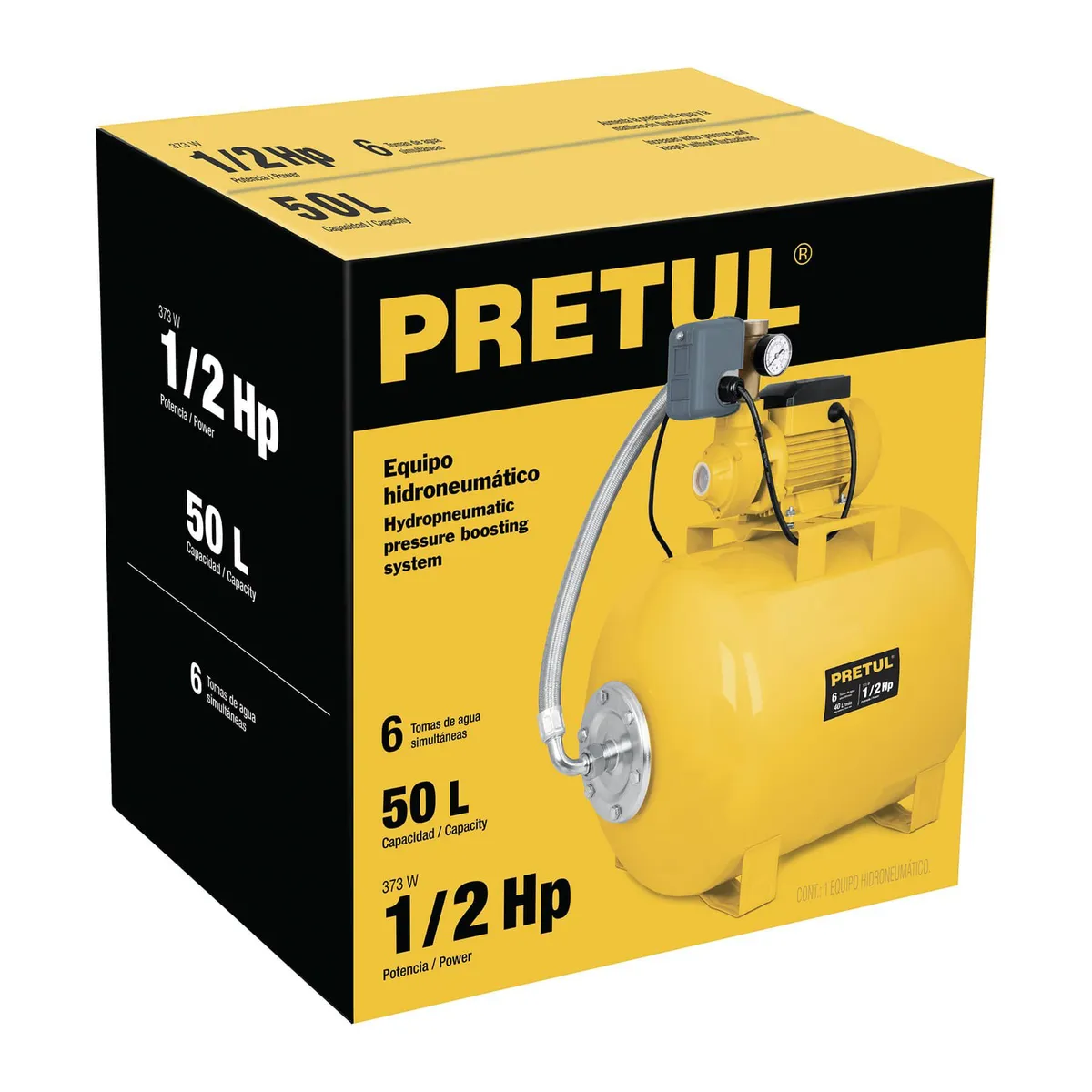 PRETUL - Bomba Hidroneumática 1/2 Hp, 50 Litros, 40 L/Min Doméstico Pretul