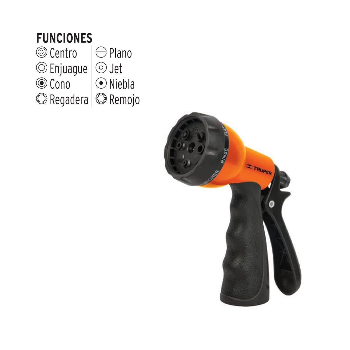 TRUPER - Pistola Plástica Para Manguera De Jardinería 8 Funciones Truper