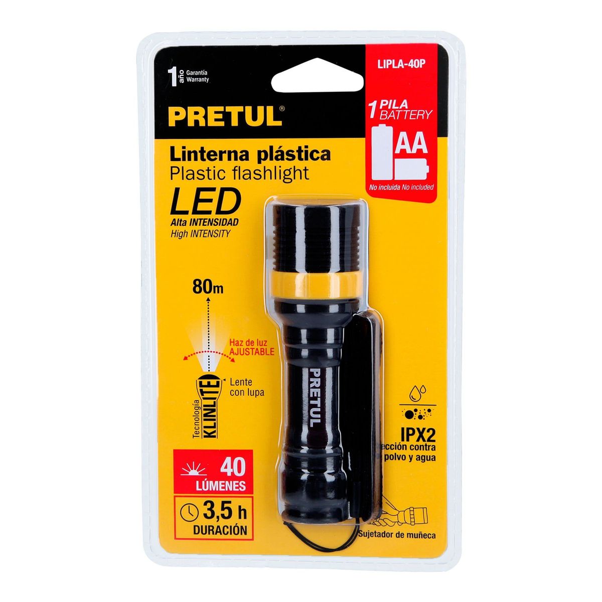 PRETUL - Linterna De Pila 80 Metros, 40 Lúmenes, Luz Ajustable Pretul