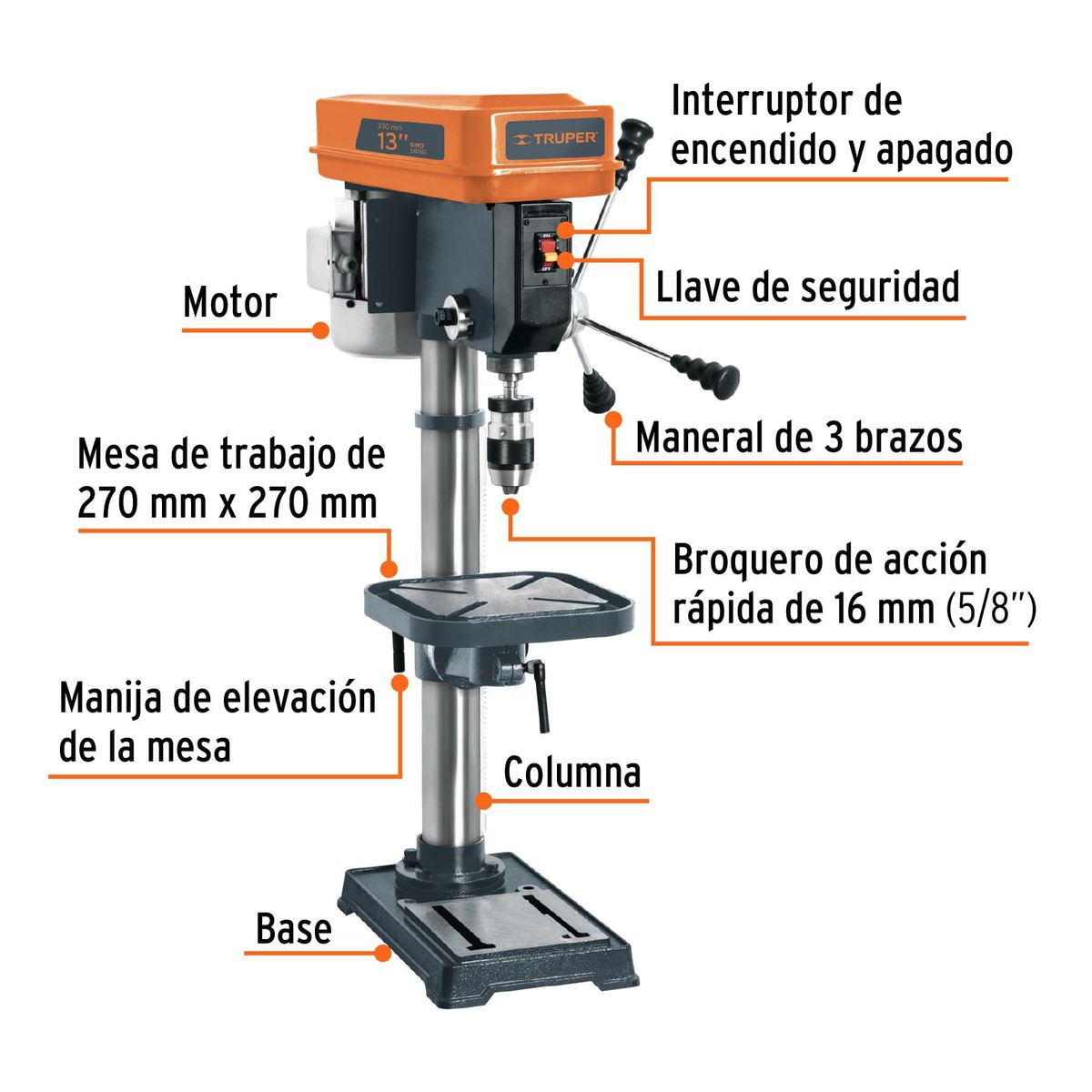 TRUPER - Taladro De Árbol De 13", 560 W Con Accesorios Incluidos Truper
