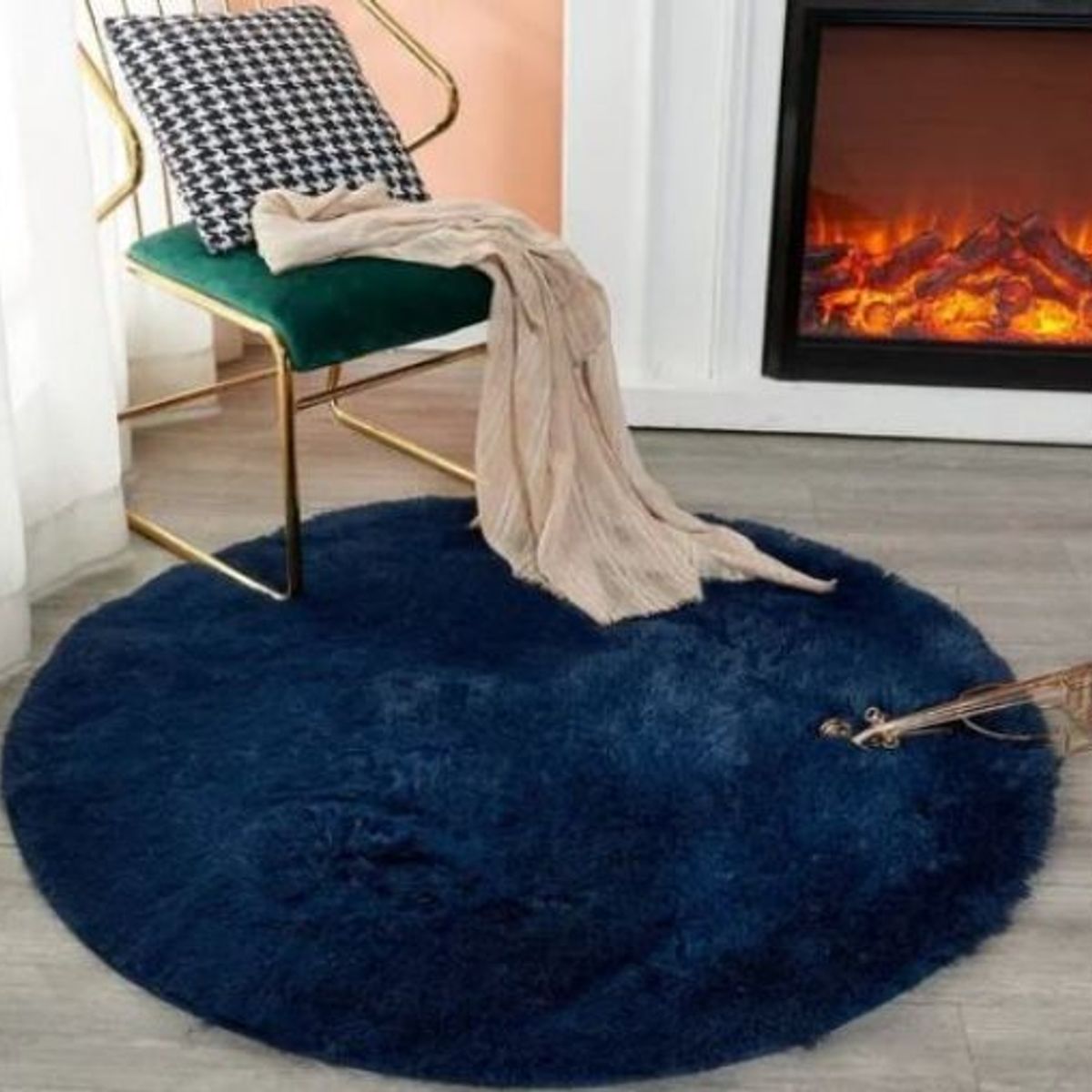 FEEL GREEN - Tapete alfombra peluda redonda Azul oscuro - tapete de peluche - 100 × 100 cm