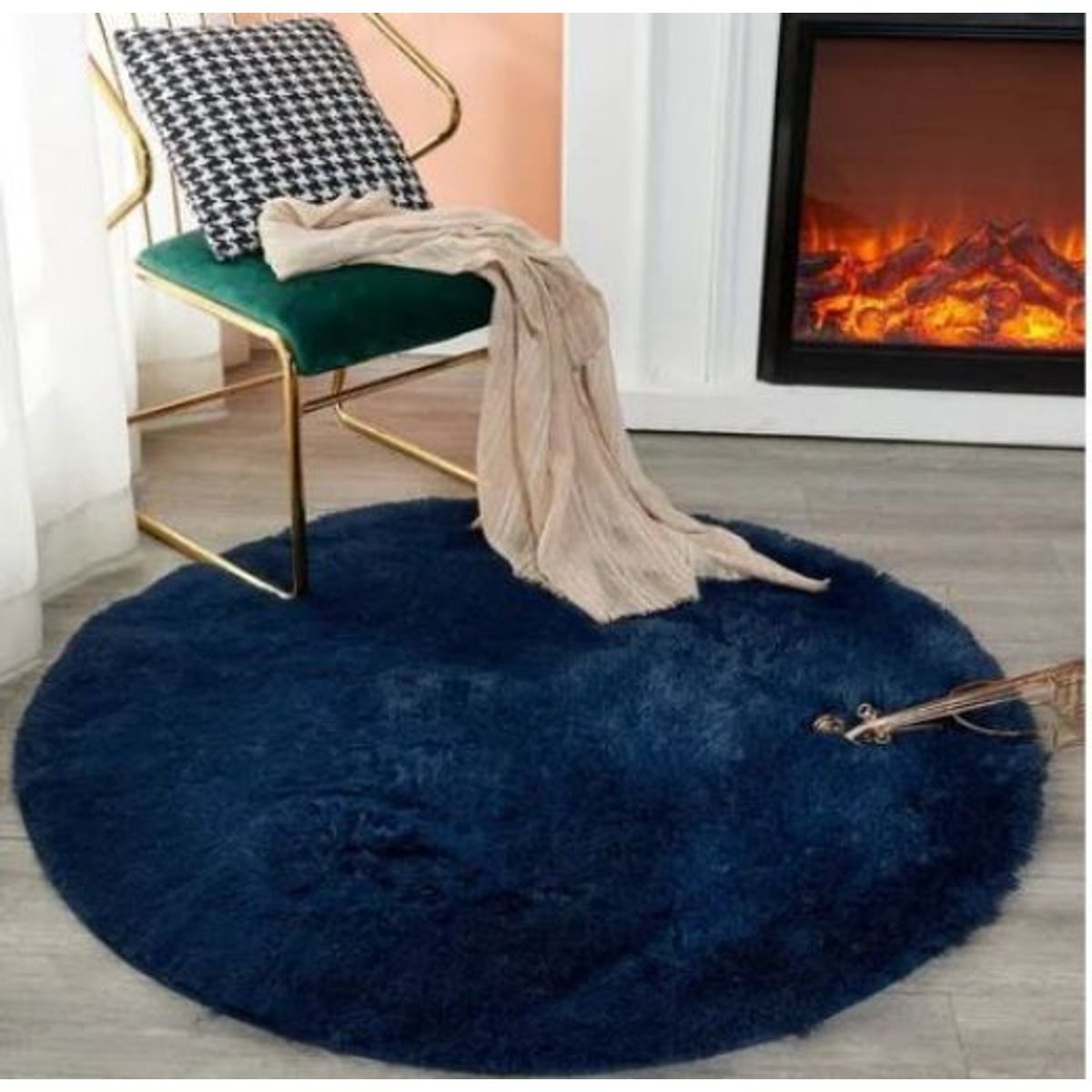 FEEL GREEN - Tapete alfombra peluda redonda Azul oscuro - tapete de peluche - 100 × 100 cm