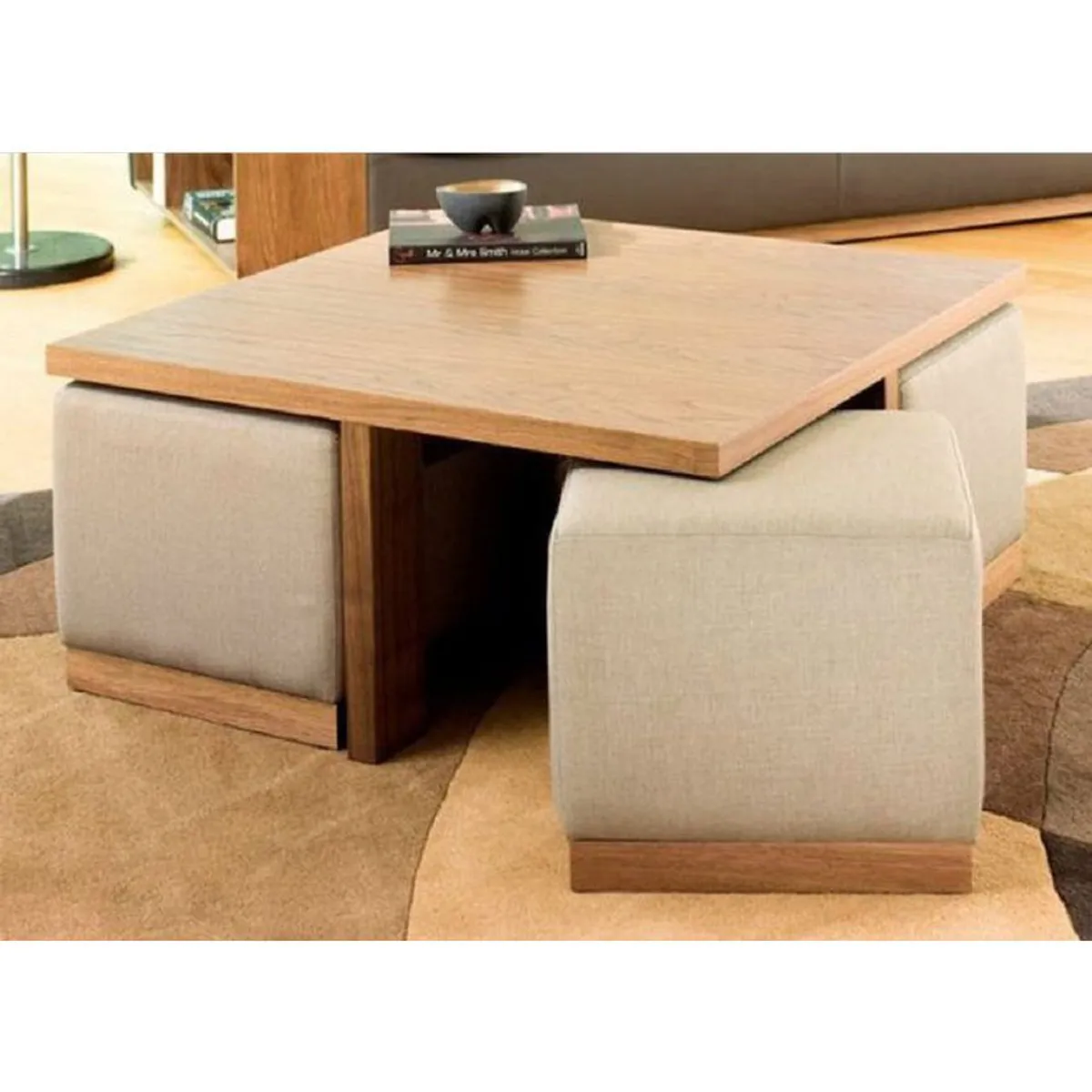 BANZAY - Mesa Centro con 4 Puff Auxiliares - Caramelo