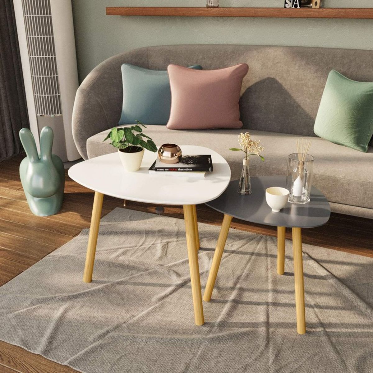 BANZAY - Juego de Mesas Centro de Sala Nórdico Triangular - Gris y Blanco