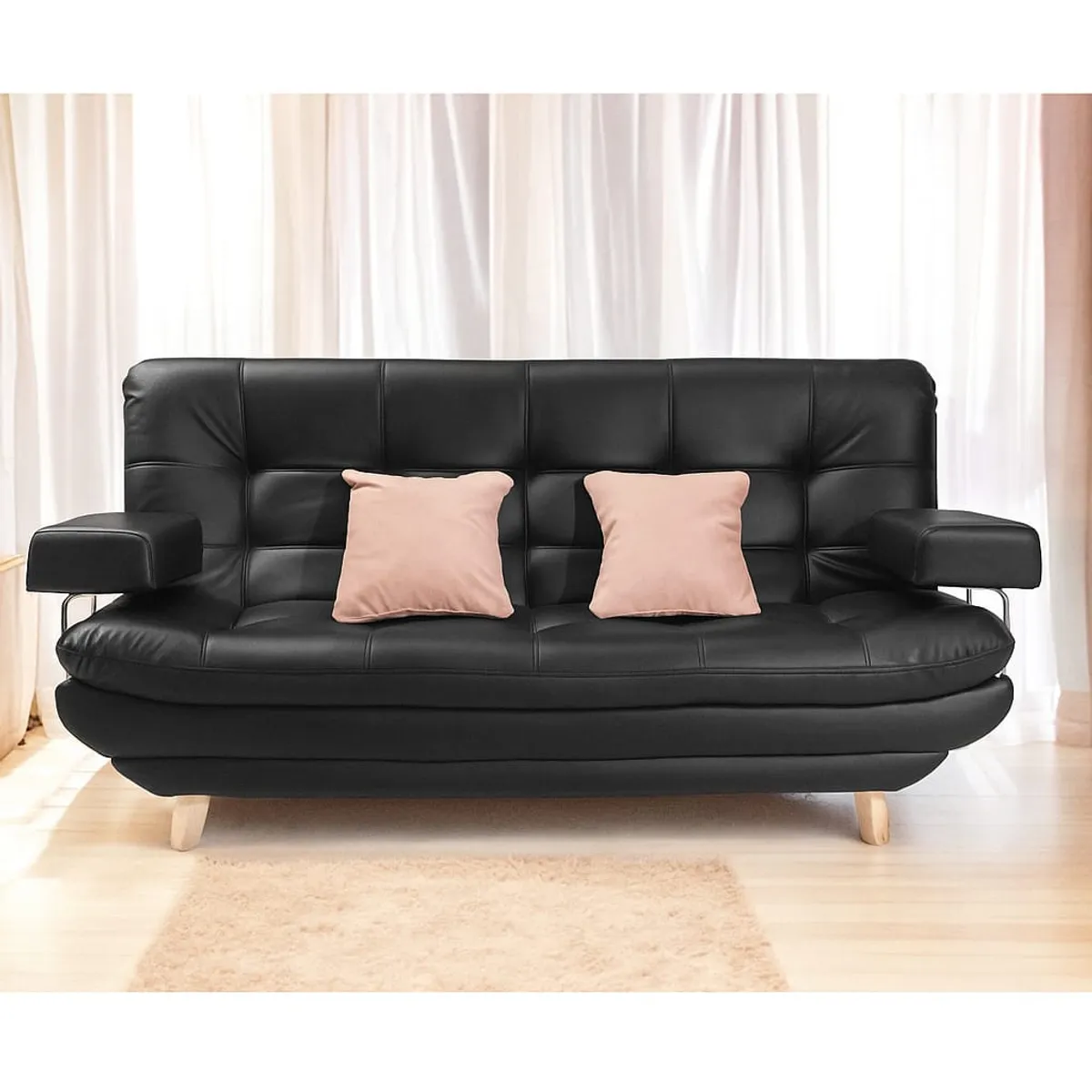 GENERICO - Sofá cama 3Ptos Maison Sintético Negro 180X85X85cm + Brazos Removibles