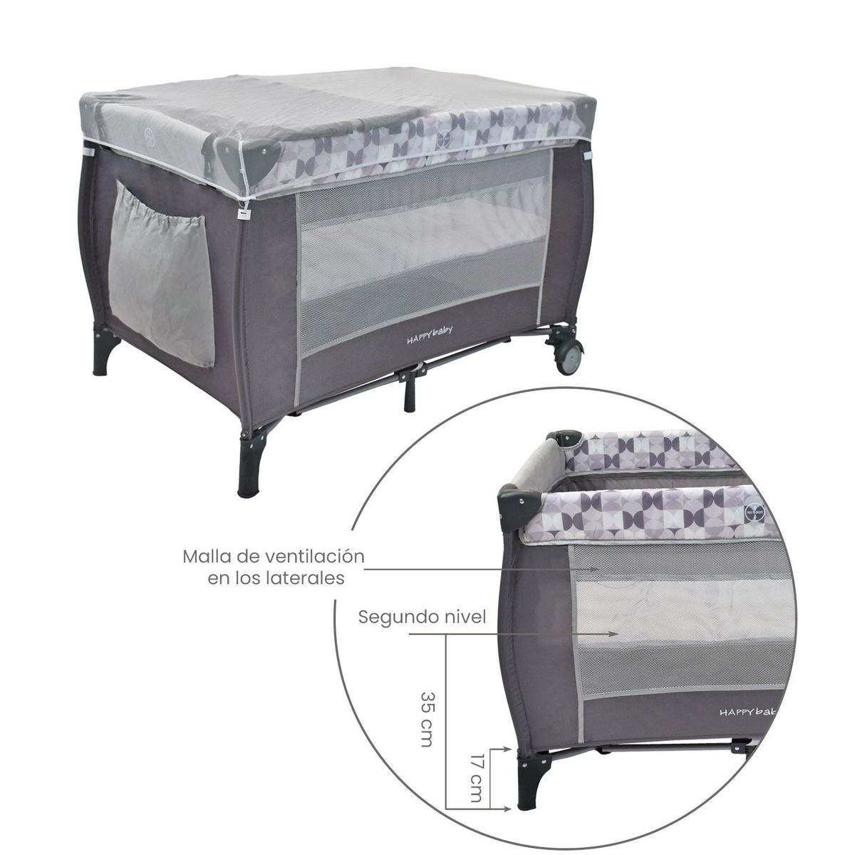 HAPPY BABY - Corral Cuna Bebé Happy Baby Niza Gris