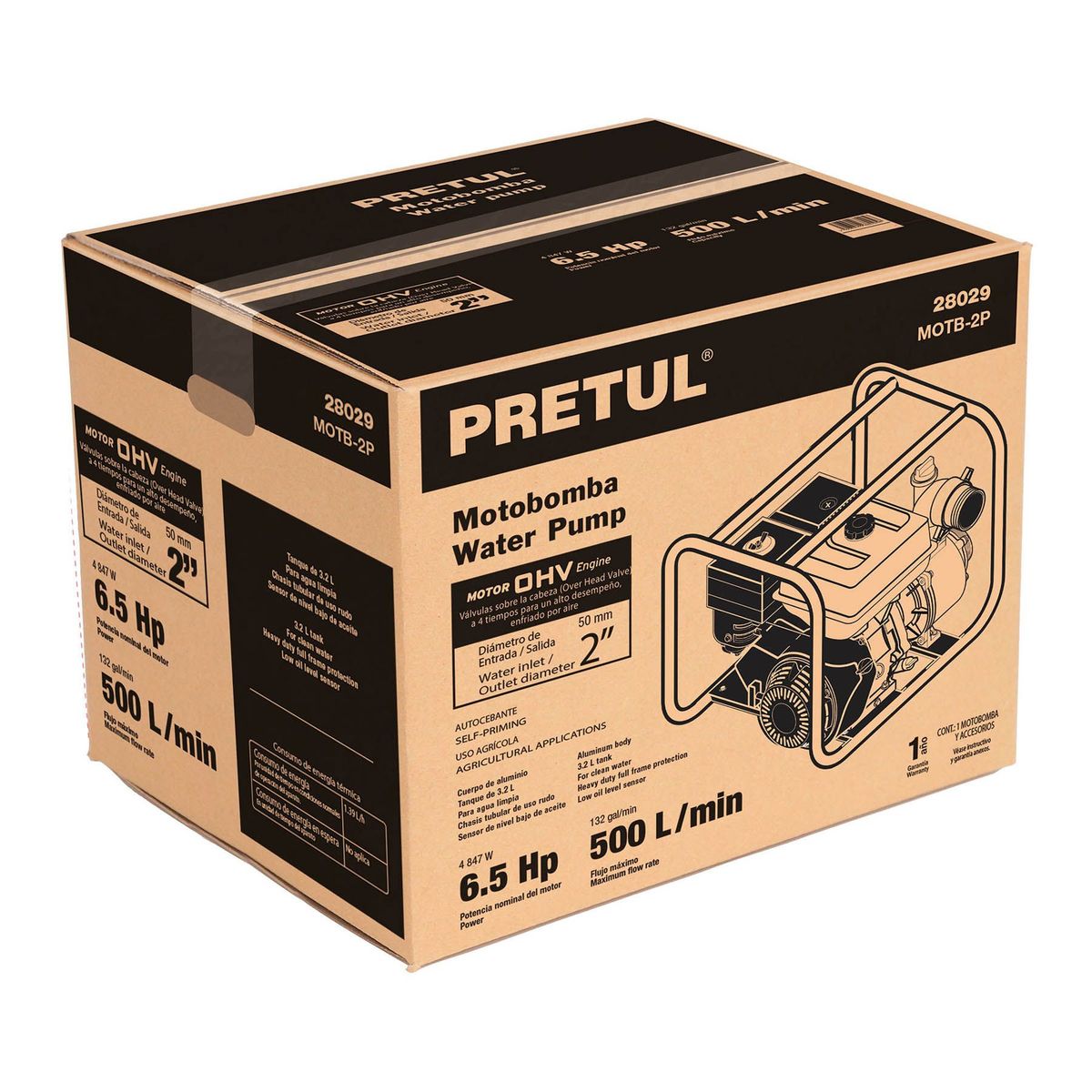 PRETUL - Motobomba A Gasolina 6.1/2 Hp, 500 L/Min De 2", Autocebante Pretul