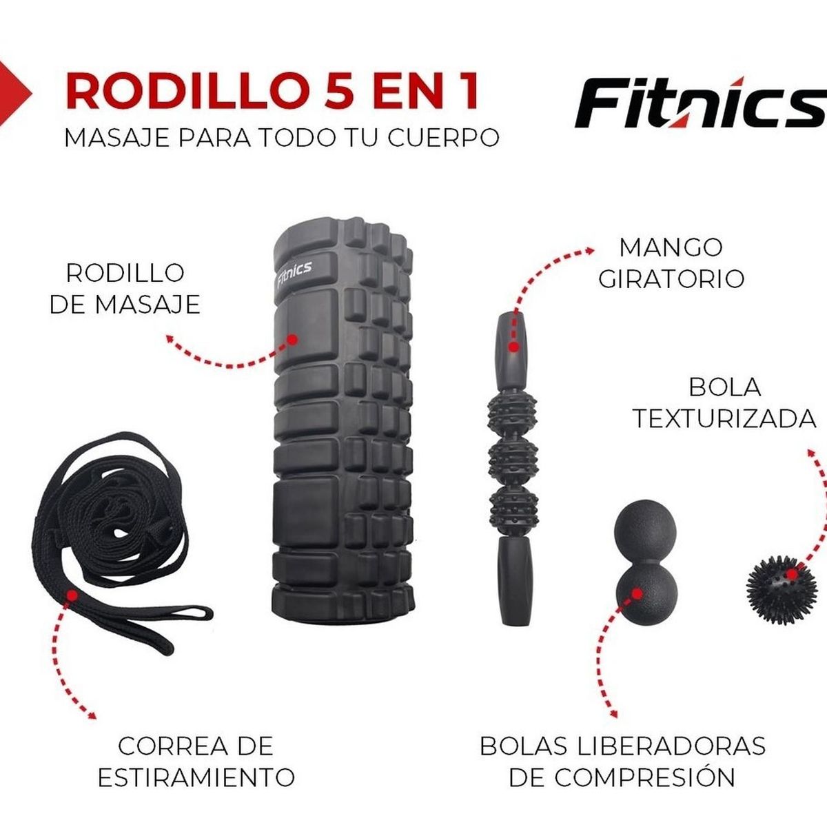 FITNICS - Rodillo roller masajeador set 5 en 1 ejercicio yoga pilates-