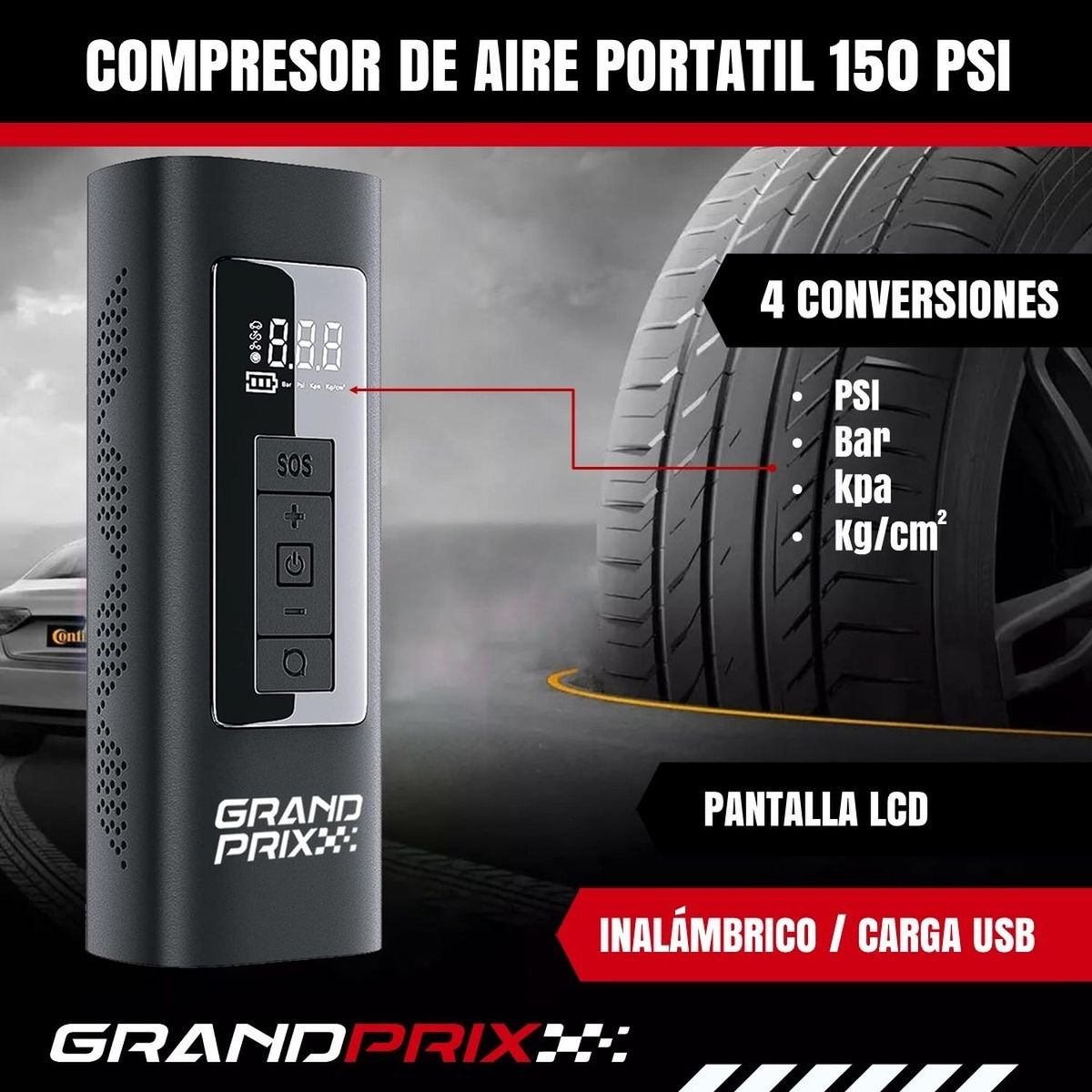 GRAND PRIX - Compresor De Aire Portatil A Batería Inflador Neumaticos-