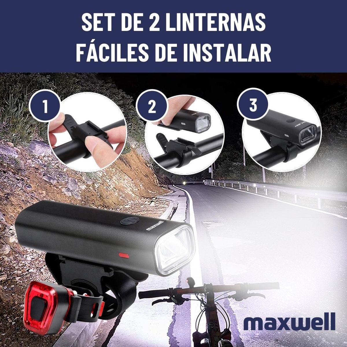 MAXWELL - Luz Bicicleta Set Delantera Trasera Usb Maxwell Impermeable-