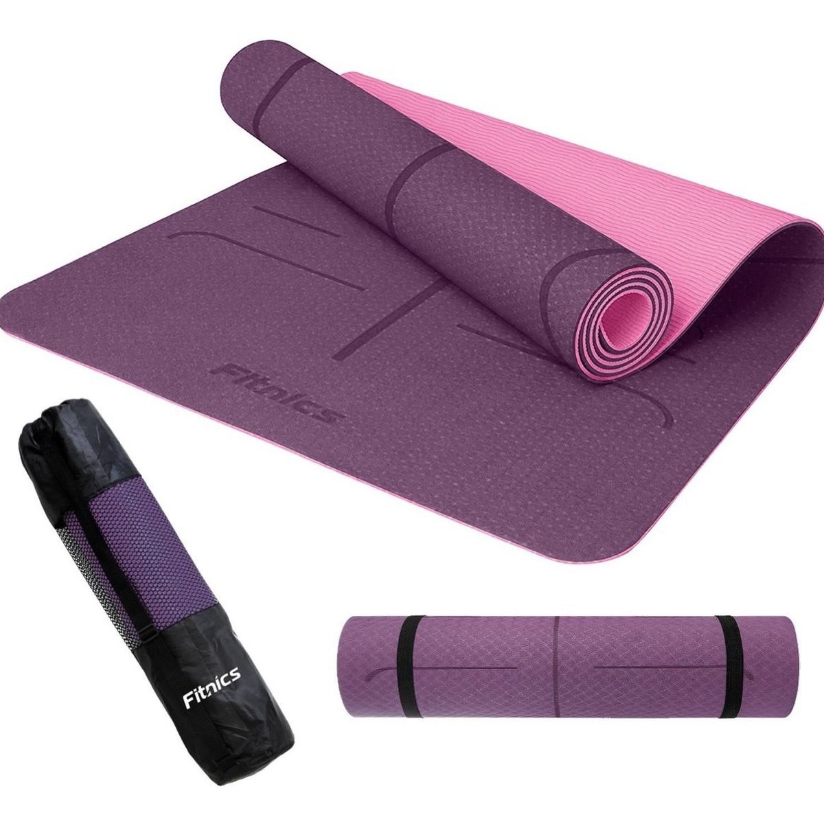 FITNICS - Mat yoga colchoneta ejercicio 8mm guías+bolso+correa - Lila