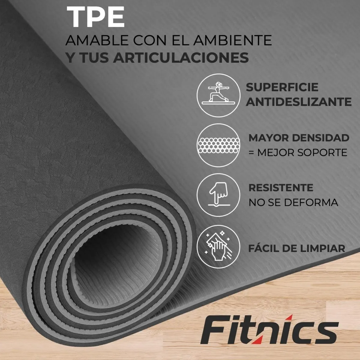 FITNICS - Mat yoga colchoneta ejercicio 8mm guías+bolso+correa - Negro