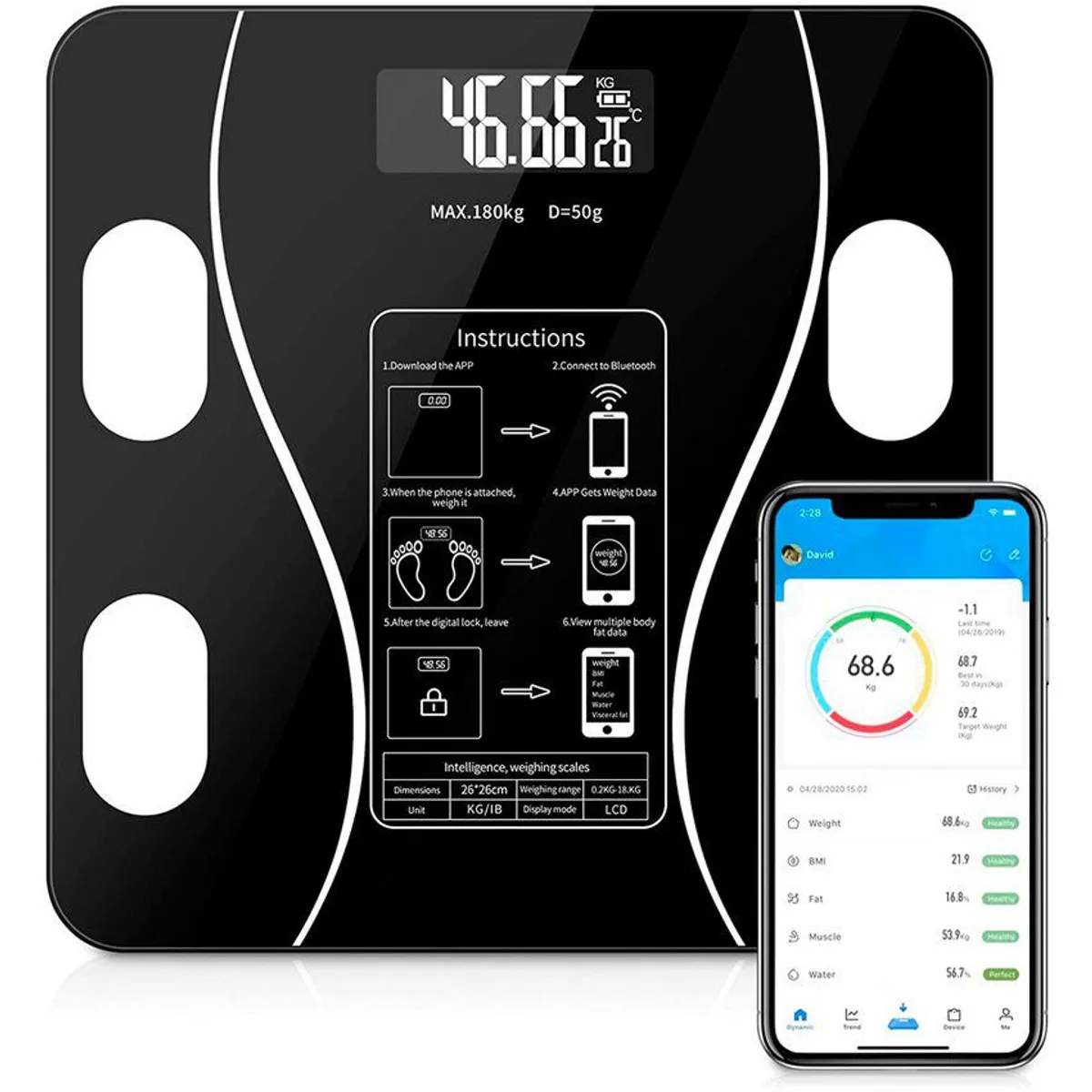 ZHOPI CO - Bascula Inteligente Pesa Bluetooth Vidrio Templado Digital Mediciones