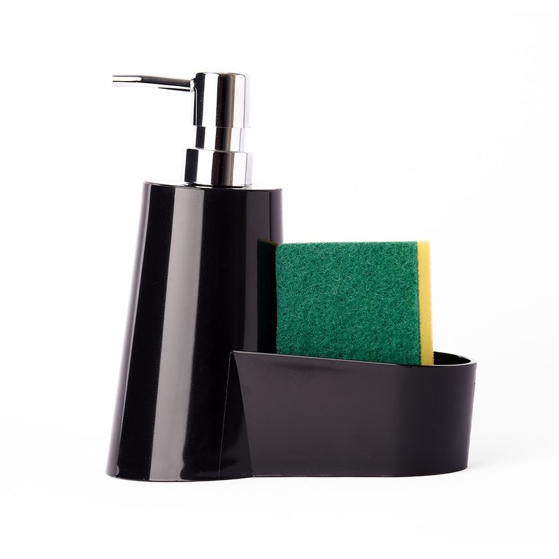 ESSENZA - Dispensador de Jabon Liquido 390ml Negro Soporte de Esponja