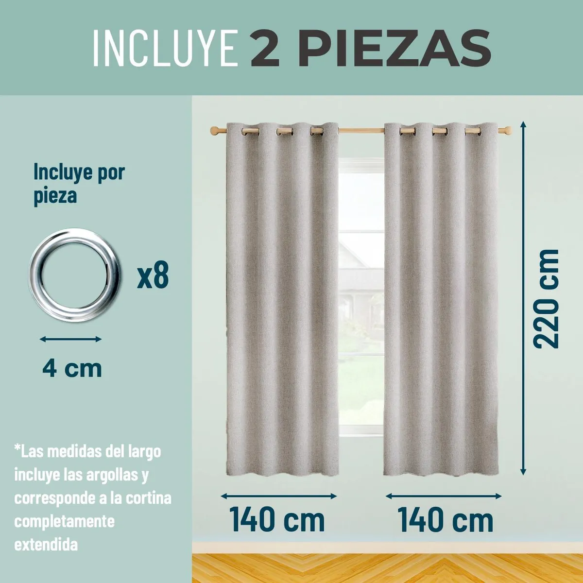 CASATUA - Cortina Blackout 100% Anti Luz, 2 Paños 140x220 Textura Lino Beige-