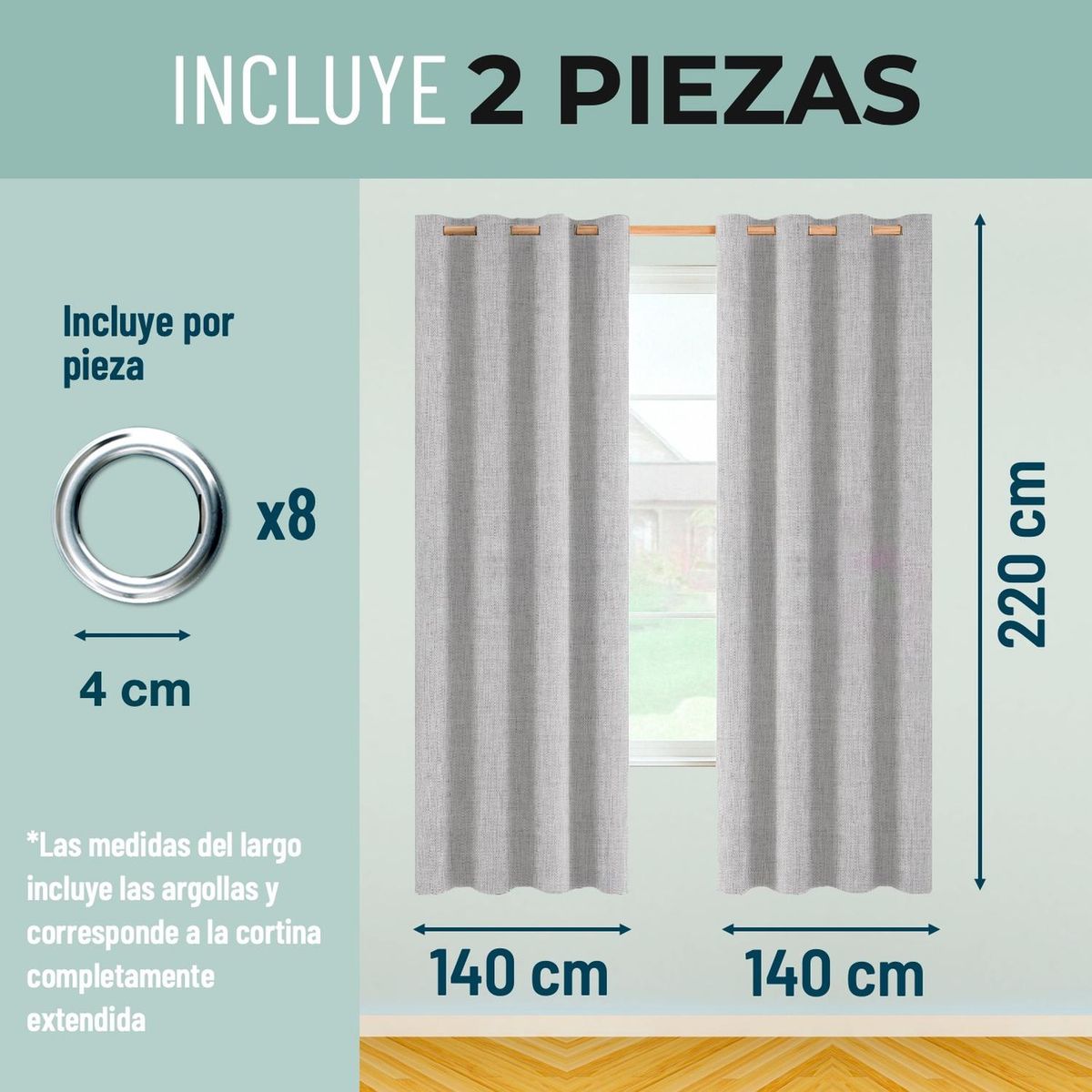 CASATUA - Cortina Blackout 100% Anti Luz, 2 Paños 140x220 TexturaLino - Gris
