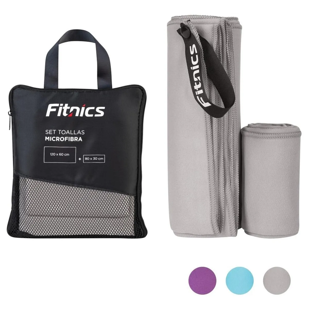 FITNICS - Toalla Microfibra Fitnics Set De 2 (120x60 +80x30) + Estuche - Gris