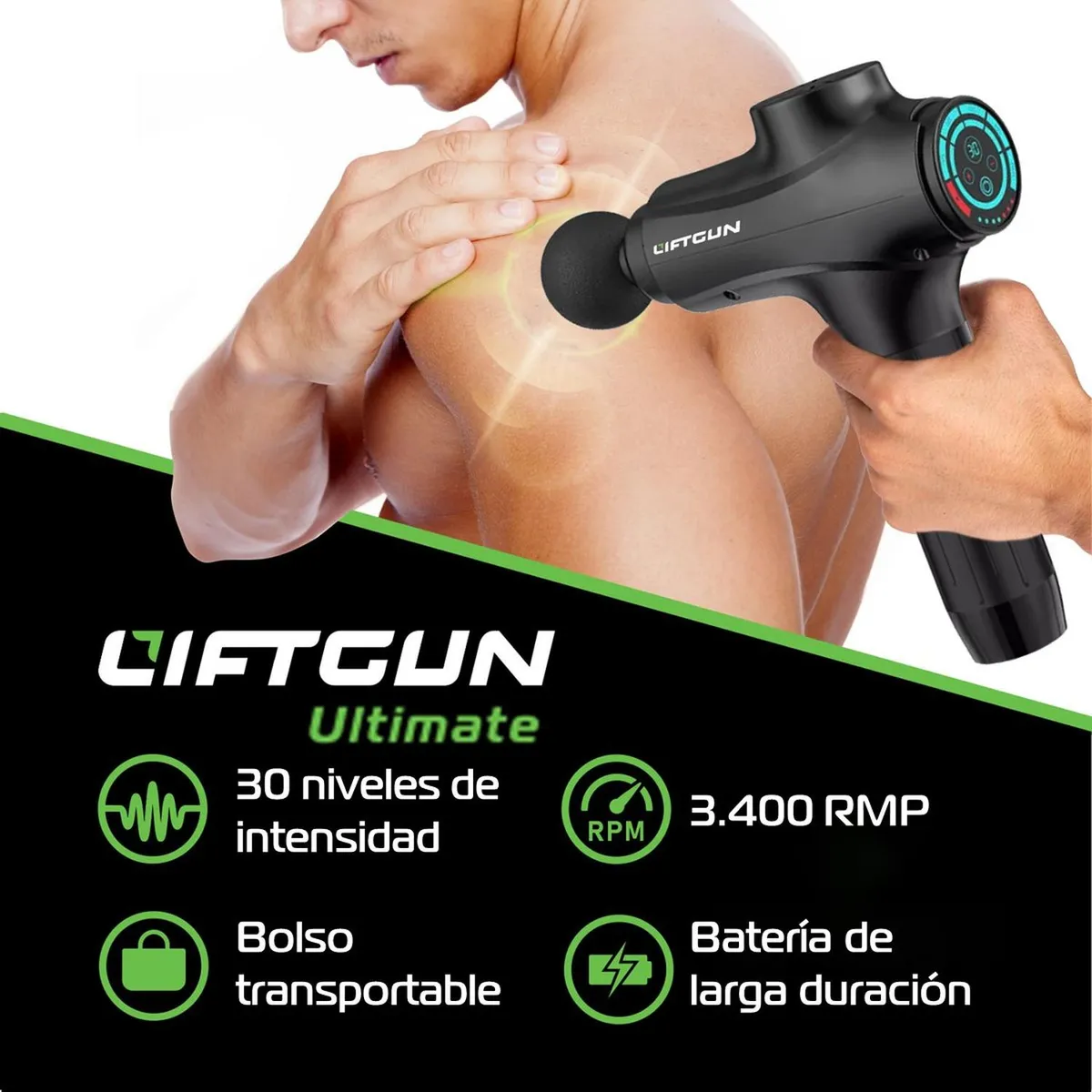 LIFTGUN - Masajeador Pistola Liftgun Pro 30 Niveles +lcd +8 Cabezales - Negro