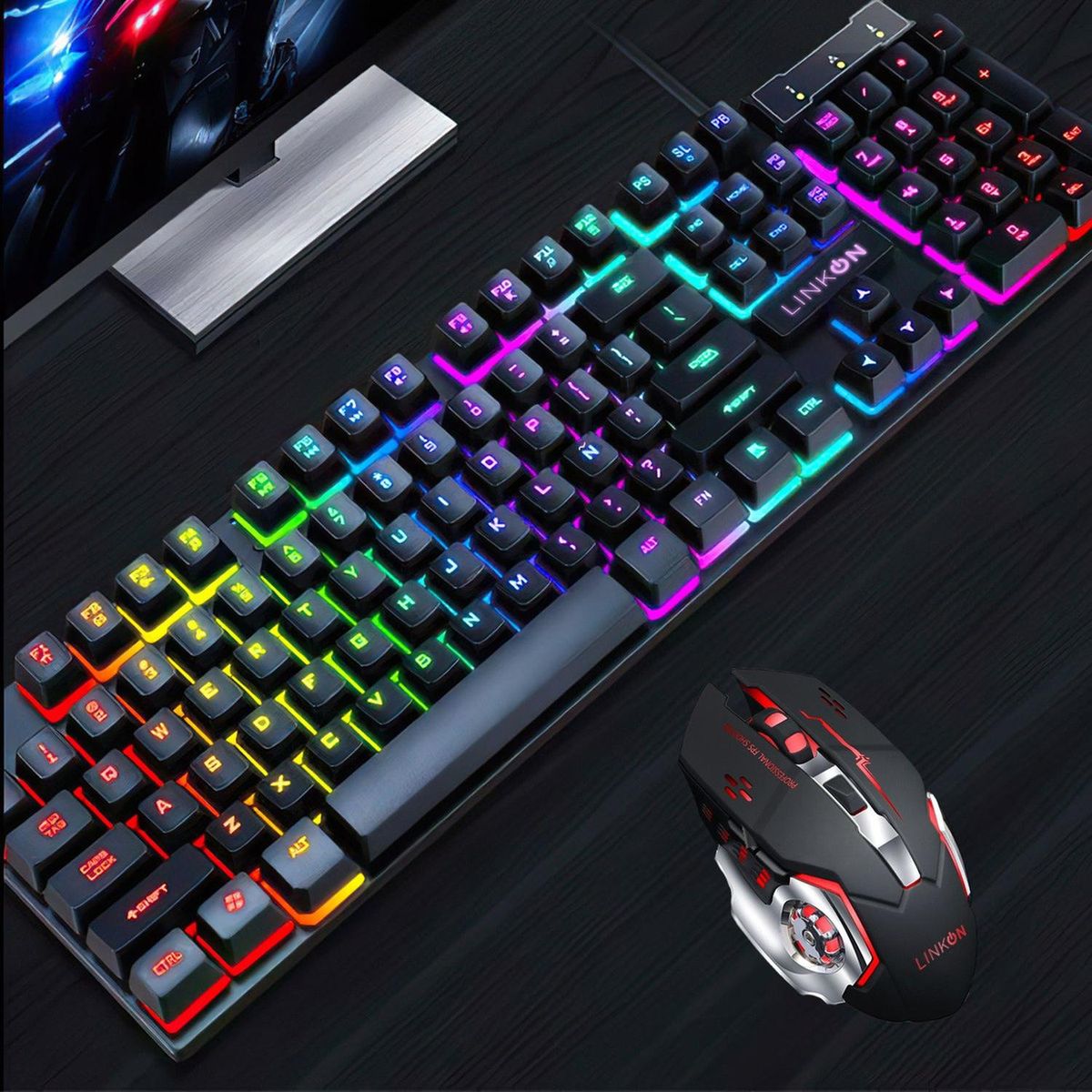 GRAND PRIX - Kit Set Gamer Teclado Led + Mouse Inalambrico Usb Recargable - Naranja-
