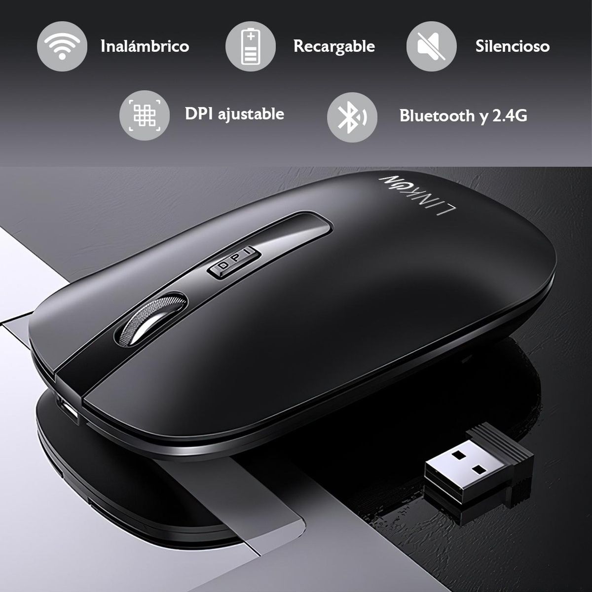 LINKON - Mouse Inalambrico Dual Bluetooth Usb Recargable Para Mac Win - Negro