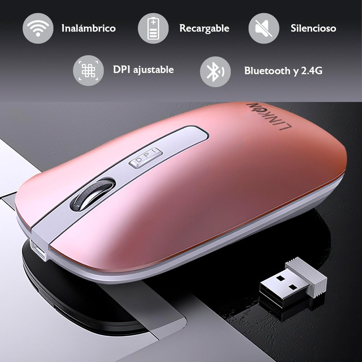 LINKON - Mouse Inalambrico Dual Bluetooth Usb Recargable Para Mac Win - Rosa