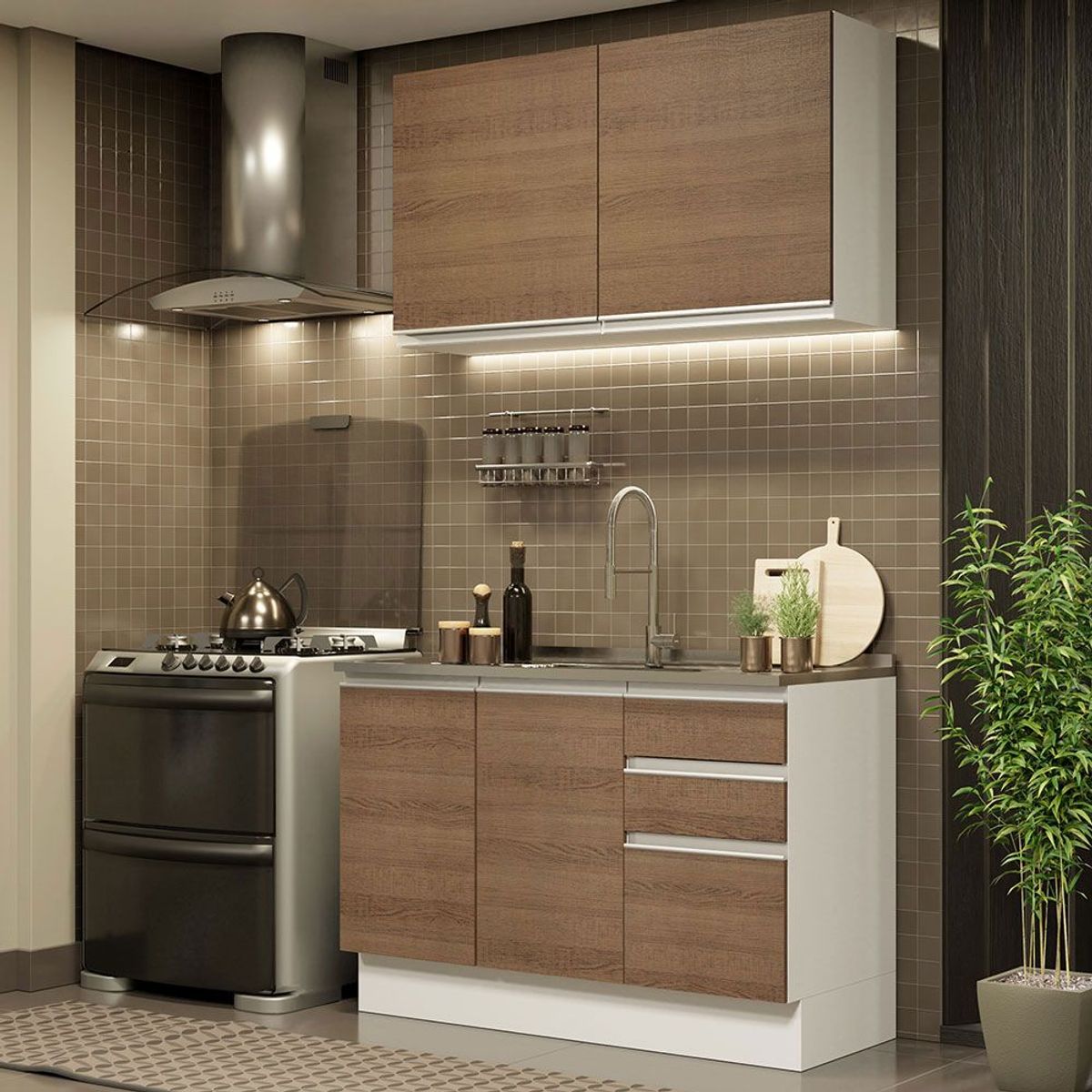 MADESA - Cocina Integral Glamy 1.20 m con Mesón de Acero Blanco/Marrón 03