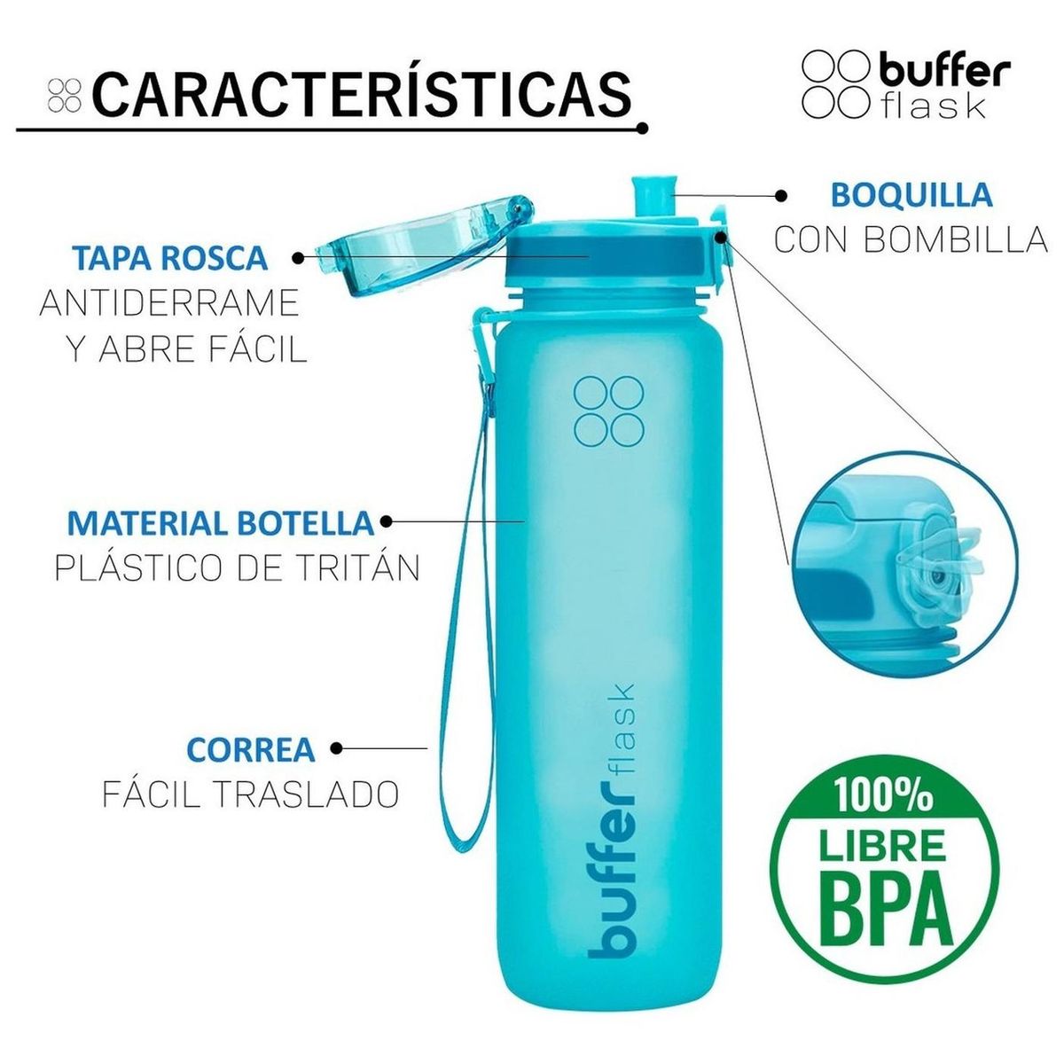BUFFER FLASK - Botella Agua 1L Botilito Buffer Deporte Ciclismo Gimnasio-