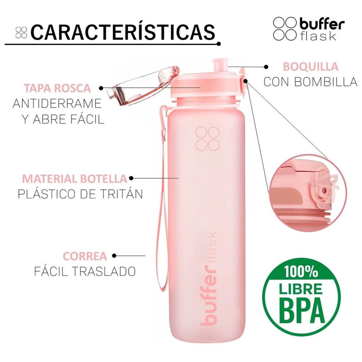 BUFFER FLASK - Botella Agua 1L Botilito Buffer Deporte Ciclismo Gimnasio-
