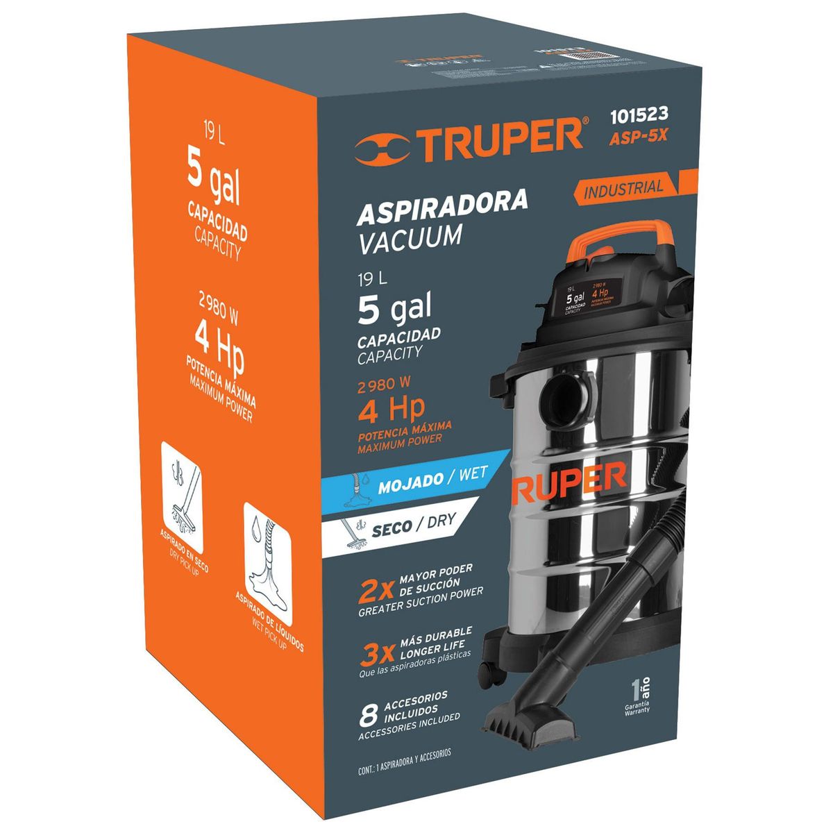 TRUPER - Aspiradora En Acero Inoxidable De 5 Gal, Solidos Y Liquidos Truper