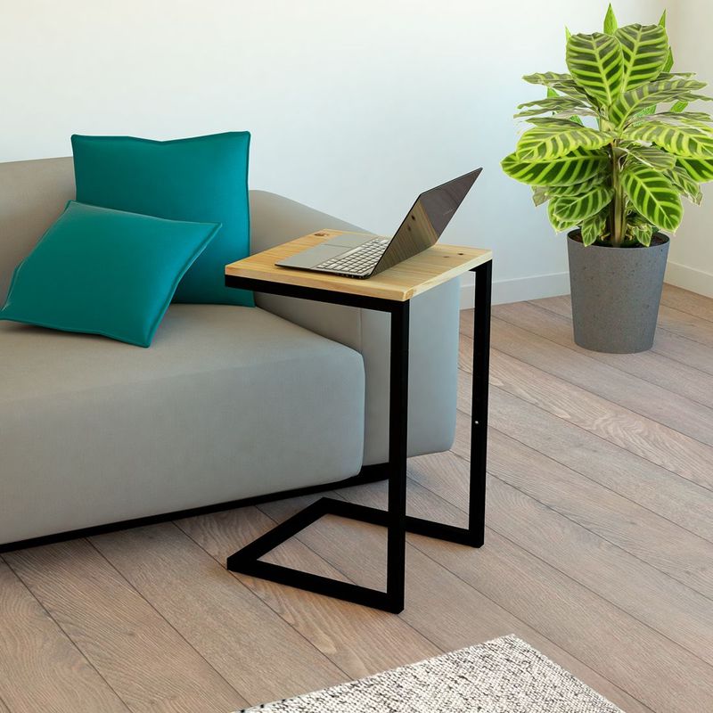 ALIK DISEÑO - Mesa Auxiliar Pc Metal y Madera Estilo Industrial 40x40cm Negro