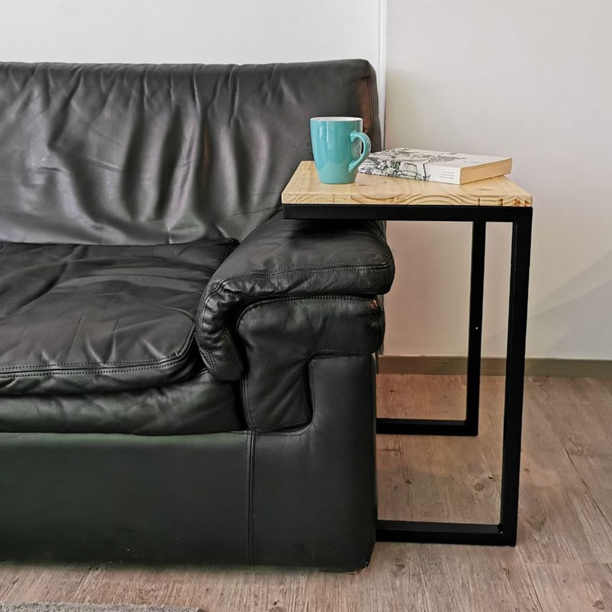 ALIK DISEÑO - Mesa Auxiliar Pc Metal y Madera Estilo Industrial 40x40cm Negro