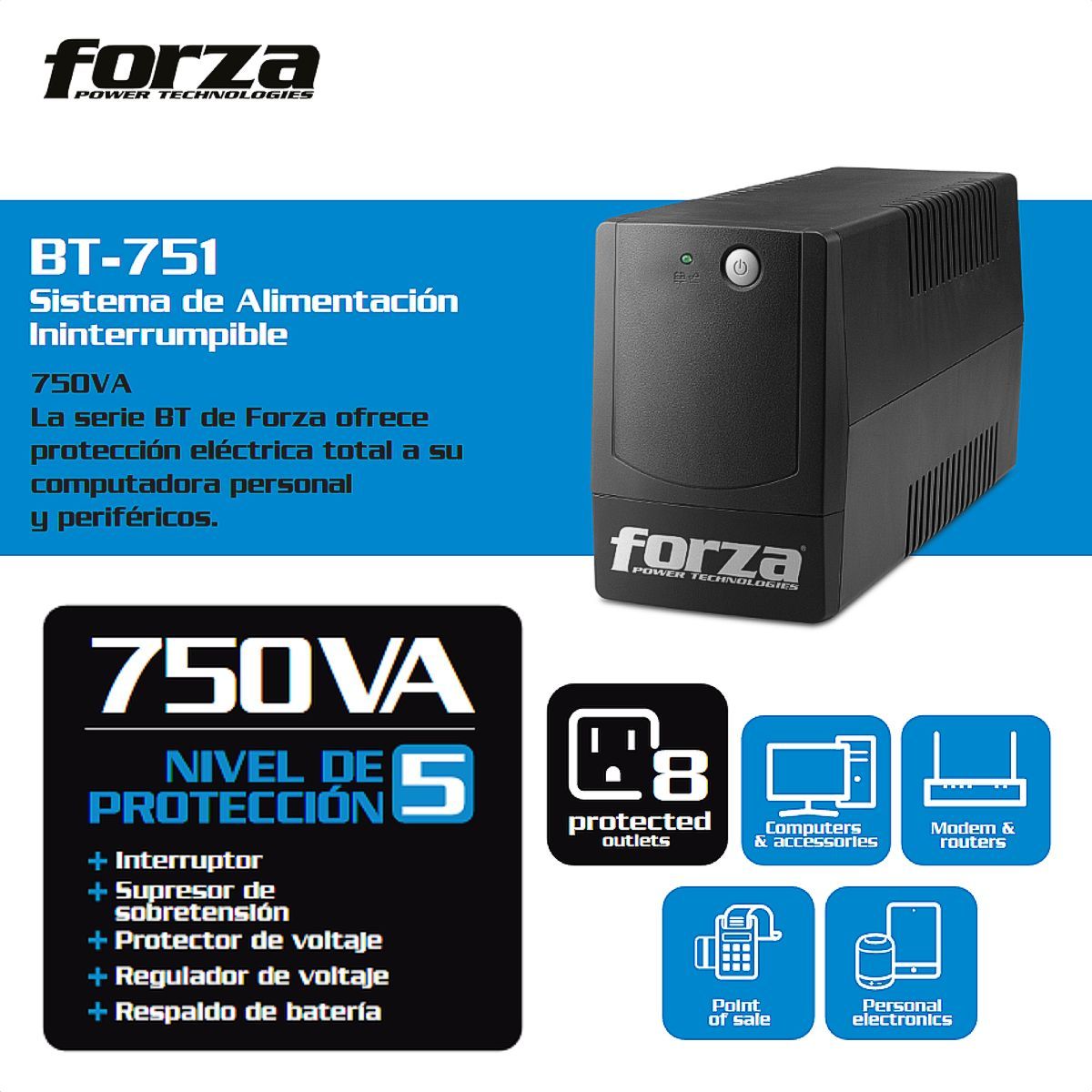 FORZA - Ups Interactiva Forza Bt-751, 750va/450w, 8 Tomas, Regulador