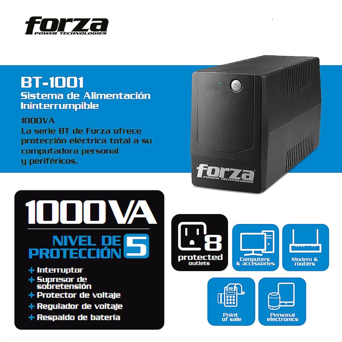 FORZA - Ups Interactiva Forza Bt-1001, 1000va/600w 8 Tomas Regulador
