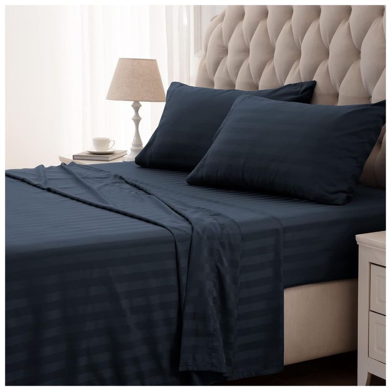 HAPPY BEAR - Juego Sabanas Doble Microfibra Azul Oscuro Lineas