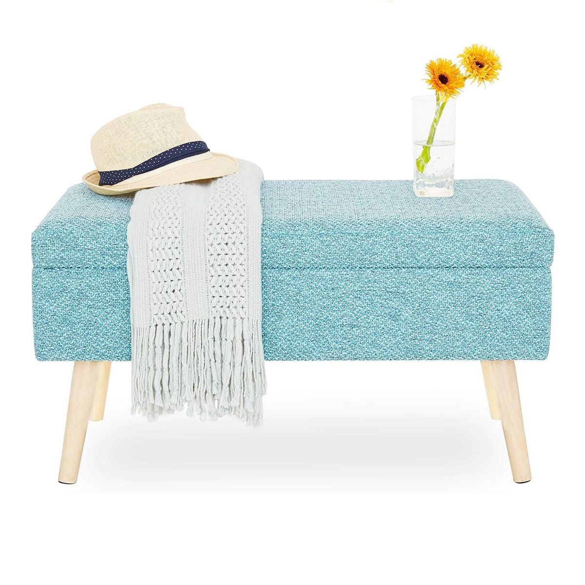 BANZAY - Puff Baul Sala o Pie de Cama Patas en Madera Natural - Turquesa