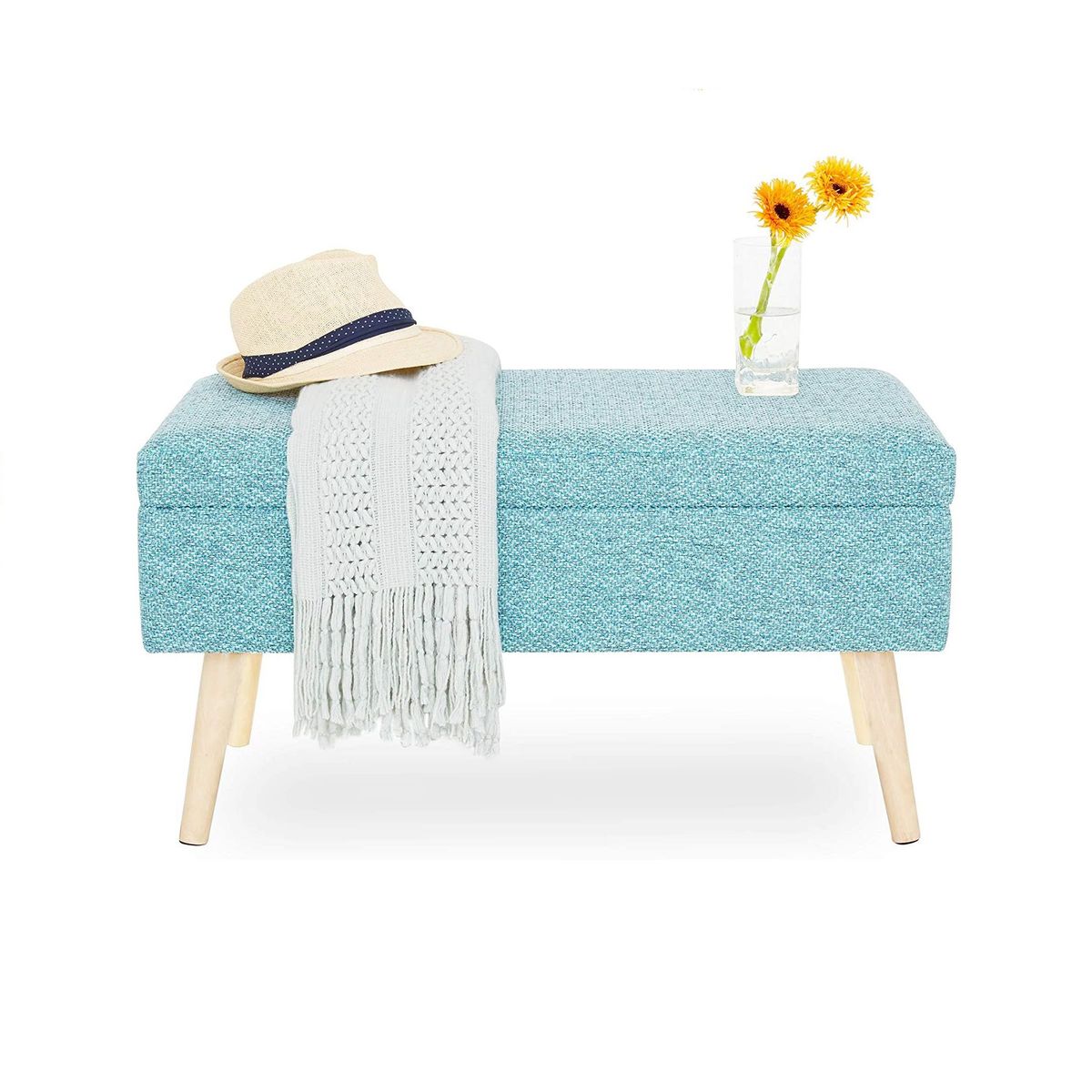 BANZAY - Puff Baul Sala o Pie de Cama Patas en Madera Natural - Turquesa