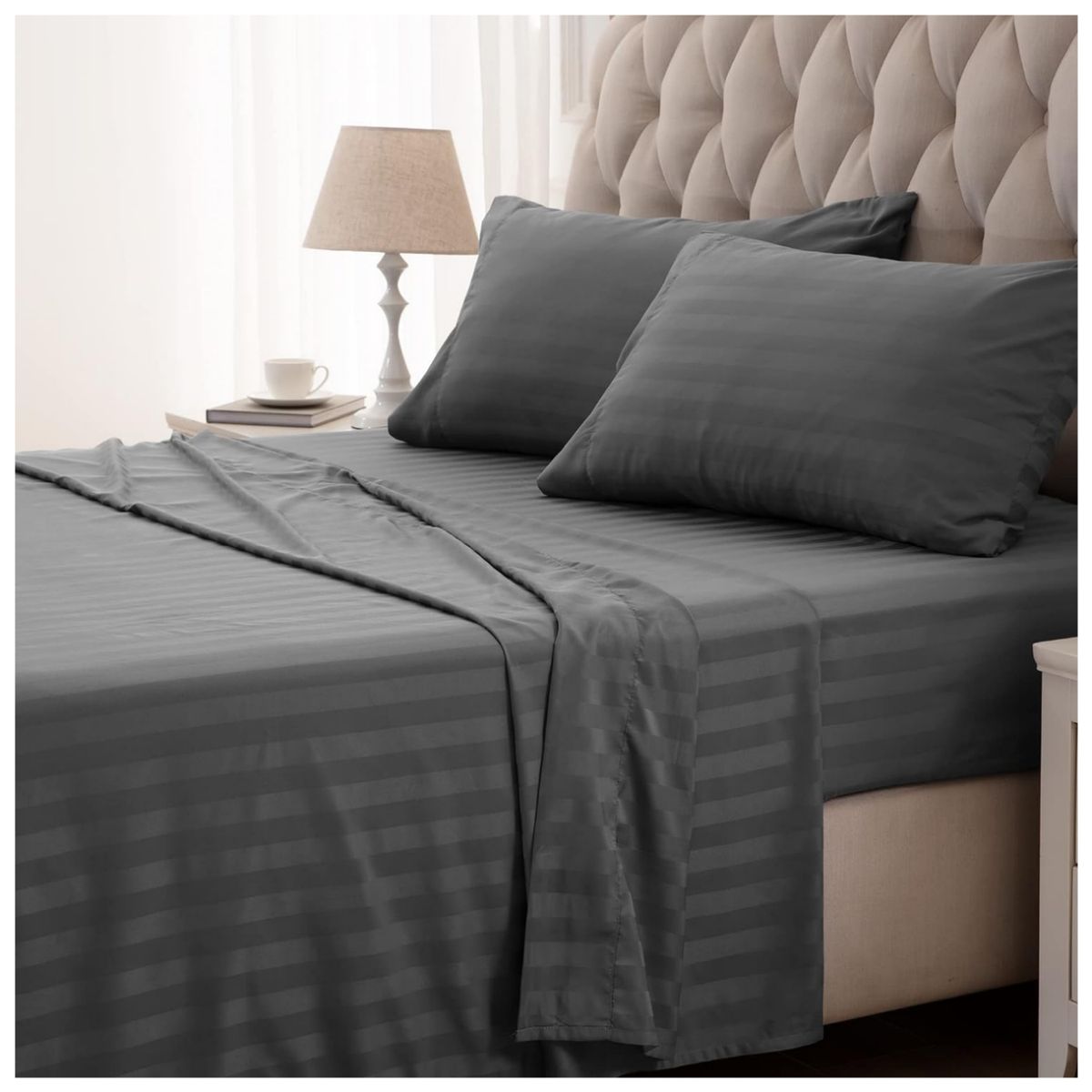 HAPPY BEAR - Juego Sabanas Queen Microfibra Gris Líneas