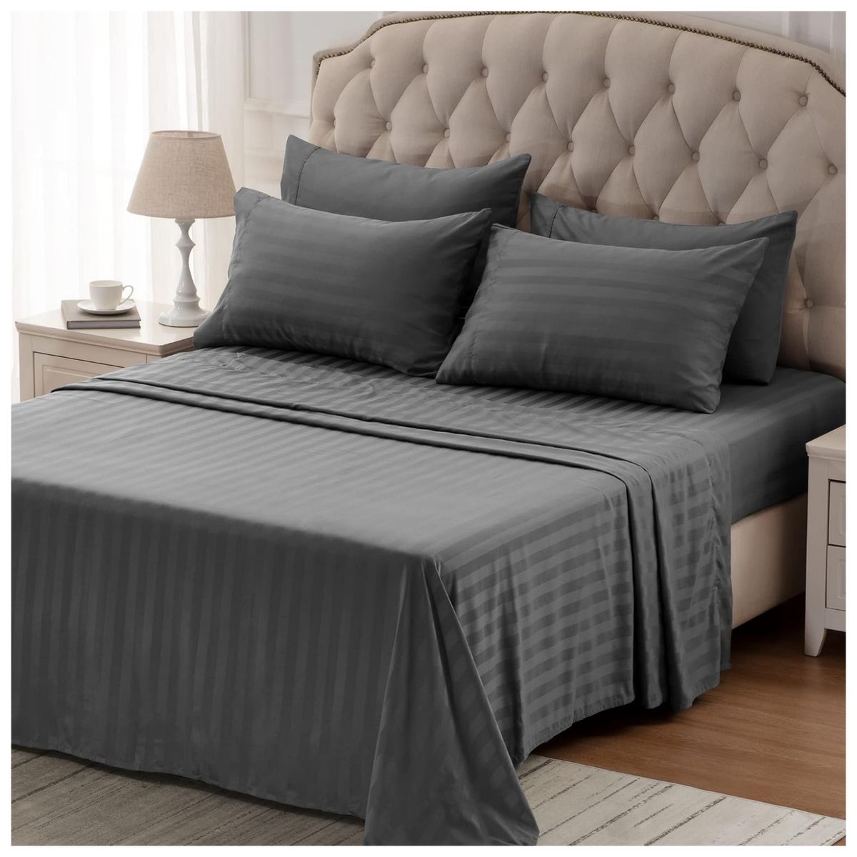 HAPPY BEAR - Juego Sabanas Queen Microfibra Gris Líneas