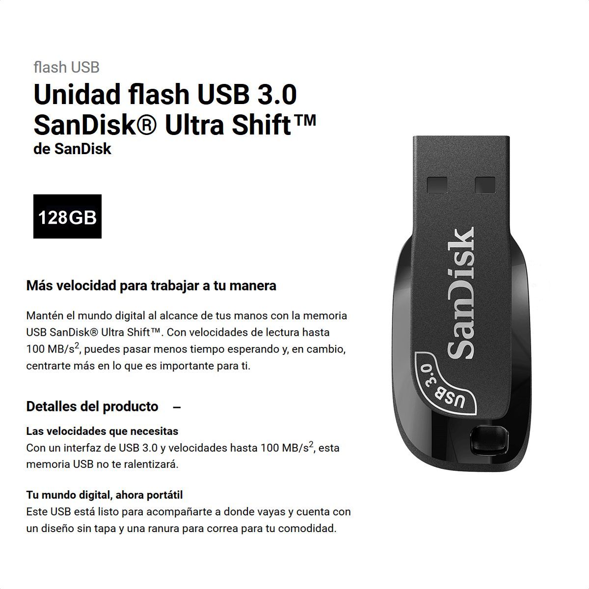 SANDISK - Memoria Flash Sandisk Ultra Shift Usb 3.0 De 128gb, 100mb/s