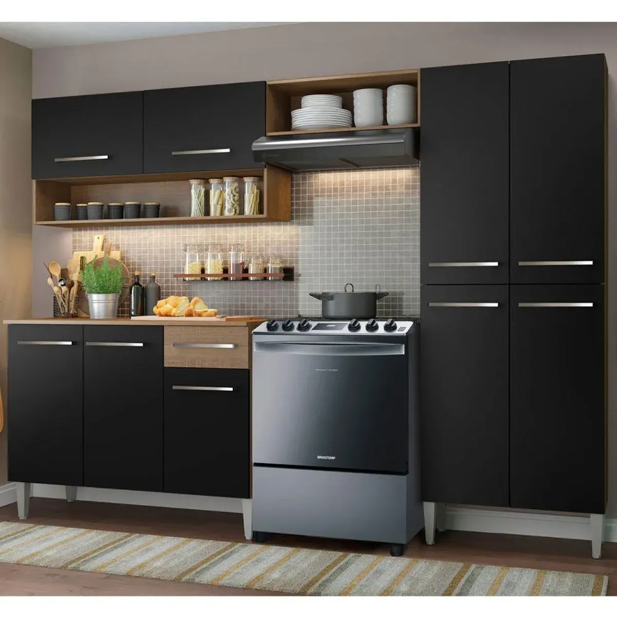 MADESA - Cocina Integral Emilly Pop 2.30 Metros con Mesón de MDP Marrón/Negro